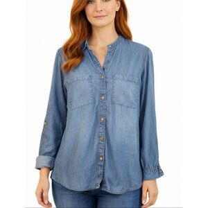 Chicos Tencel Lyocell denim button front long sleeve blouse 2